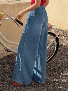 DAZY Women's Regular Waist Casual Daily Commute Versatile Loose Wide-Leg Jeans - Dark Wash - View 5