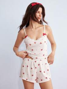 Elorette Damen Schlafanzug Set, geripptes Strickgewebe, Schmetterlings-Muster Kontrastspitze, süß & sexy Trägerhemd und Shorts - Weiss - Übersicht 3