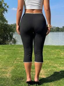 SHEIN Tall CURVE 大码女式弹力腰休闲七分紧身裤 - 黑色 - 查看 5