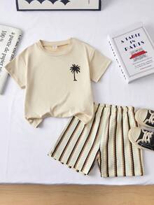 Playful Pals 2pcs/Set Boys Casual Fashion Comfortable Pattern Print Crew Neck Drop Shoulder Top And Striped Print Shorts, Suitable For Spring/Summer, Outdoor Play, Daily Versatile, Pattern Print, Island Style, Beach Weekend, Summer Outfit, Elegant Attire, Suitable For Outings, Vacations, Travel, Photos - Khaki - View 3