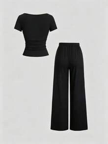 SHEIN 一件式短袖休閒偏印春夏青少年女孩通勤套裝，運動休閒直筒褲，短袖輕便舒適兩件套 - 黑色 - 查看 2