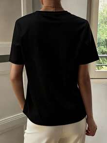 DAZY Women's Solid Color Round Neck Short Sleeve T-Shirt, Minimalist And Versatile For Summer - Black - View 4