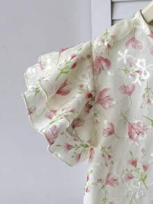 SHEIN Tween Girl Flower Print Round Neck Ruffle Sleeve Casual Cute Tropical Blouse, Holiday Style, French Chic, Suitable For Summer Ruffle Tops - White - View 5