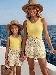 Emery Rose Kids Emery Rose Kids 少女奶油黃白色背心花卉短褲腰帶休閒熱帶風2件套，適合外出、度假、運動、夏季度假 - 黃色 - 查看 4