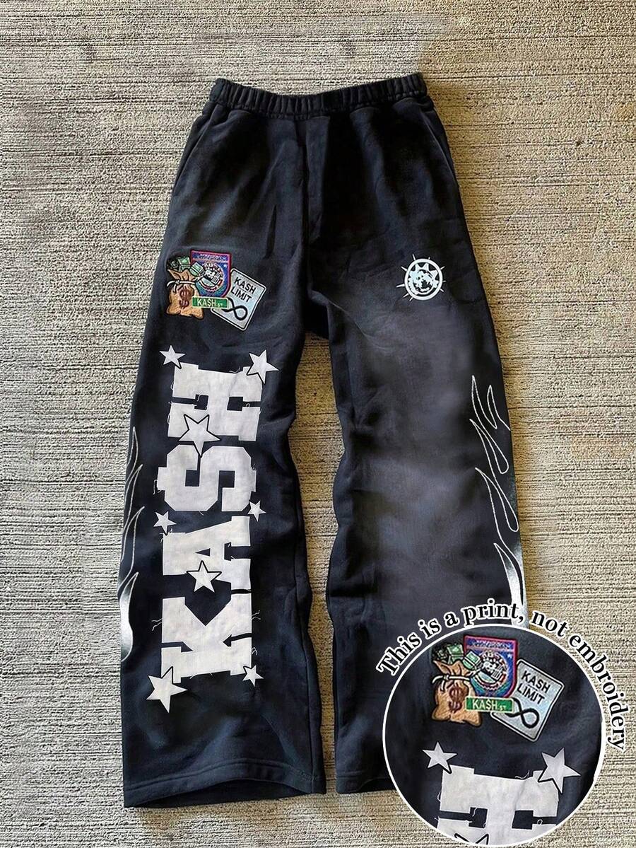 Manfinity Dauomo Pantalones de chándal casuales para hombre con bordado de letras y lavado desgastado, para rave - Negro - Ver 1