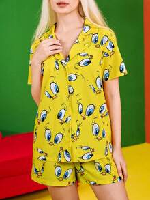 LOONEY TUNES X SHEIN 女士卡通图案纽扣前衬衫和短裤睡衣套装，休闲夏季 - 黃色 - 查看 4