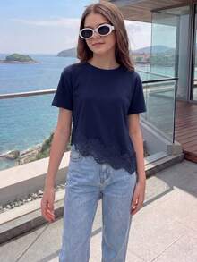 Elladie kids 青少年女孩純色蕾絲拼接不對稱下擺T恤 - 藏蓝色 - 查看 4
