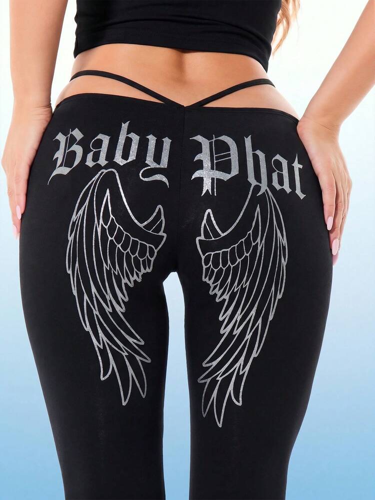 BABYPHAT 크로스오버 허리 디테일, 천사 날개 등 프린트 및 고양이 로고가 있는 플레어 레깅스, 로우 라이즈 플레어 팬츠