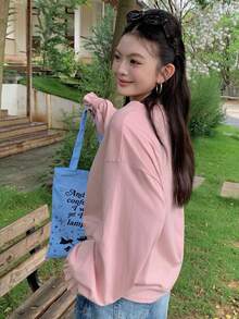 Dazy Plus Solid Color Casual Knit Round Neck Long Sleeve Bell Sleeve Teen Casual Pink Spring Summer Autumn Versatile Plus Size Women T-Shirt Cute Tops - Pink - View 6