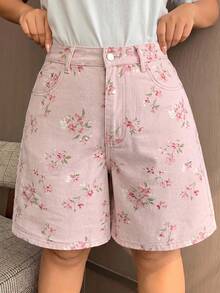 Dazy Plus Dark Wash Blue Butterfly Embroidery Back Pocket Wide Leg Cropped Denim Shorts, Spring/Summer - Pink - View 5