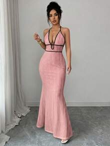 Rafferiza Women's Spring/Summer Exquisite Sexy Vacation Outing Date Outfit Textured Fitted Knit Spaghetti Strap Spaghetti Strap Black Contrast Trim Bodycon Dress - Pink - View 3