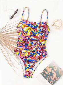 Swim Lushoire 女款春夏花卉印花一件式細肩帶泳衣，度假適用 - 彩色 - 查看 4