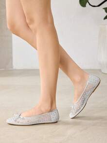 MOTF PREMIUM NEW SPRING AND SUMMER BALLET RHINESTONE MESH BOW ROUND TOE FLAT BOTTOM WOMEN'S SHOES APRICOT FAIRY VERSATILE TEMPERAMENT SWEET AND ELEGANT LOW VAMP SHOES COMFORTABLE HIGH-END CLASSIC SHOES SPRING SHOES - Silver - View 8