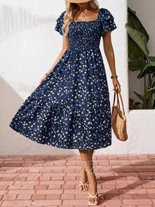 Breezaya ManYin Summer Allover Print Halter Ruffled Dress Maxi Vacation Beach Outfits Women - Royal Blue - View 4