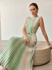 MOTF PREMIUM CONTRAST COLOR STRIPED KNIT SKIRT - Green - View 1
