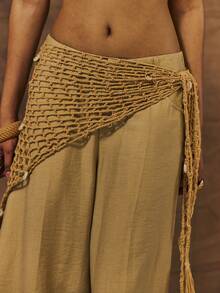 MUSERA Crochet Knit Beaded Sarong
Vintage Vacation Style Mesh Triangle Towel, Decorative Fringed Headband, Styling Accessories - Khaki - View 1