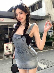 DAZY 春夏復古水洗藍音樂節情人節休閒街頭戶外短褲辣妹女款牛仔吊帶褲 - 藍色 - 查看 2