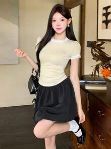 DAZY 春夏休閒度假街頭風鏤空蕾絲飾邊拼接黃色短袖女款T恤 - 米色 - 查看 8