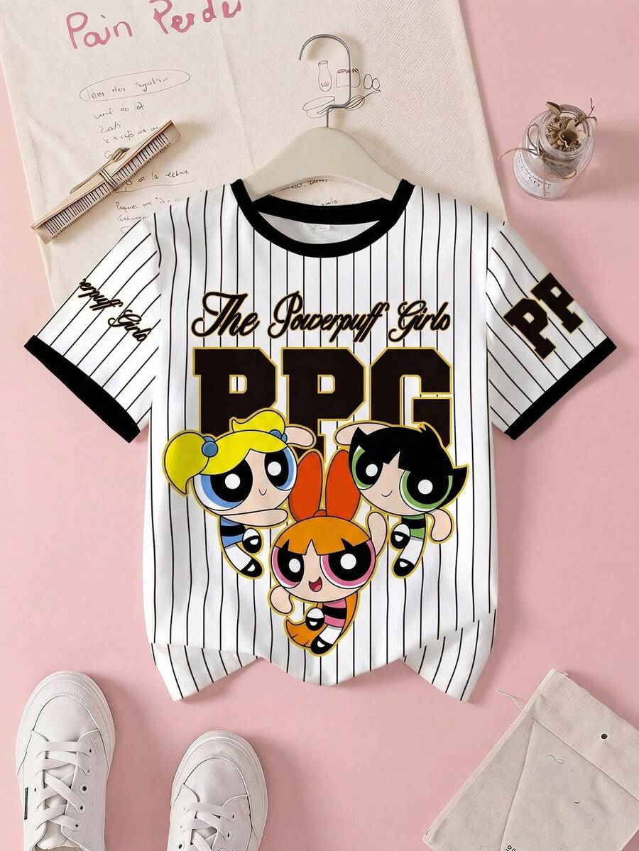 THE POWERPUFF GIRLS X SHEIN 少女夏季条纹花朵、泡泡、毛茛图案短袖 T 恤 - 白色 - 查看 1