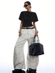 LYSMO Atasan Wanita Lengan Pendek Model Batwing Berlipit Warna Polos yang Membentuk Pinggang - Hitam - View 3