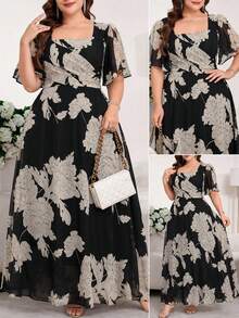 Reflora Plus Size Floral Print Square Neck Ruffle Sleeve Dress,Birthday Outfit For Women,Prom Dress,Elegant Long Party Dress,Graduation Outfit For Mother - Multicolor - View 1