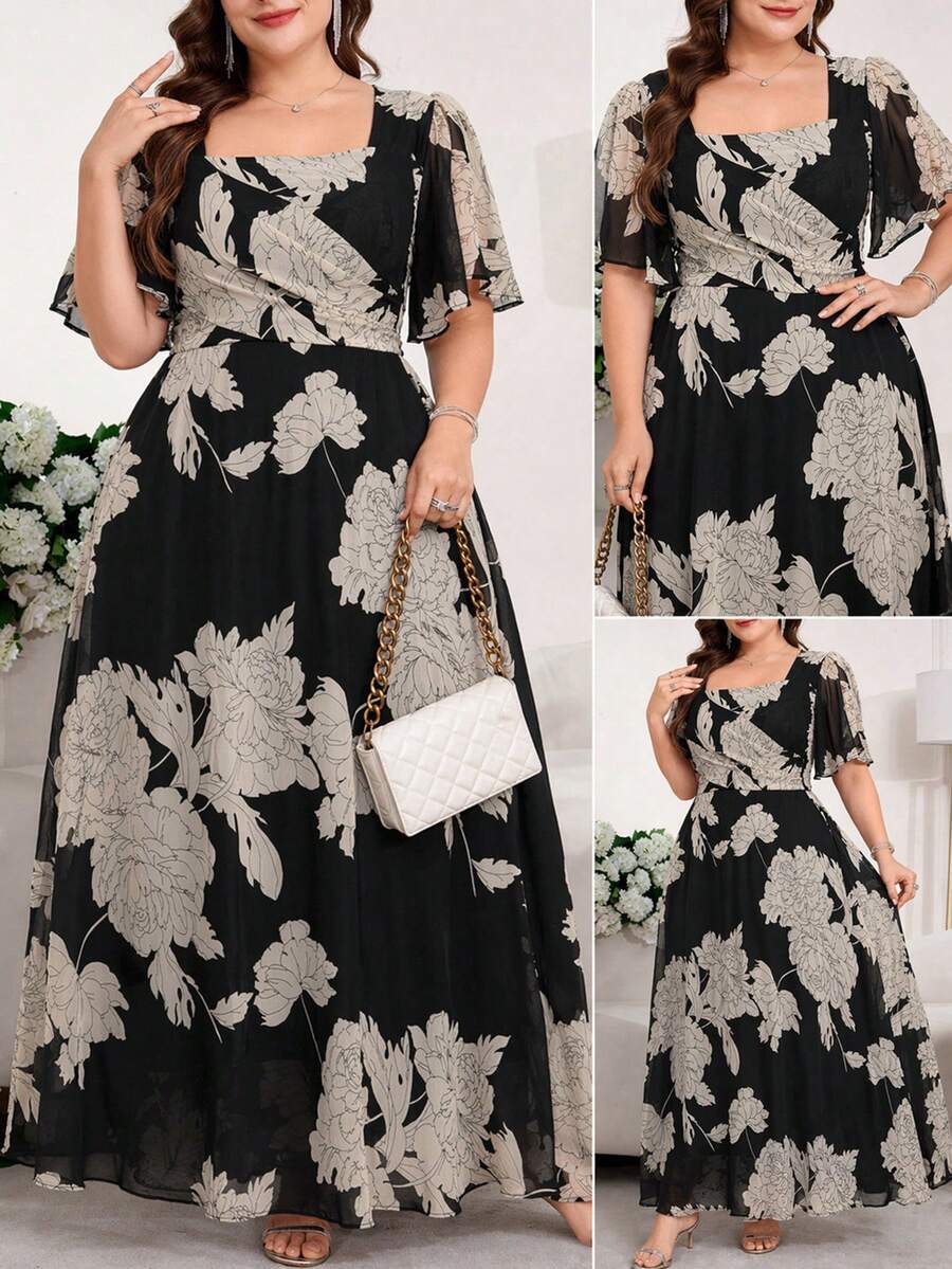 Reflora Plus Size Floral Print Square Neck Ruffle Sleeve Dress,Birthday Outfit For Women,Prom Dress,Elegant Long Party Dress,Graduation Outfit For Mother - Multicolor - View 1