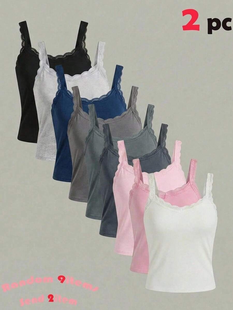 SHEIN Teen Girl Summer Casual Solid Color Lace Trim Camisole - Multicolor - View 1