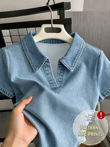 SHEIN Franclia 女款牛仔效果印花翻領短袖休閒上衣 - 灰色 - 查看 1