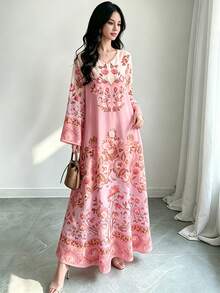 SHEIN Najma 花卉蕾絲圖案印花粉色洋裝，女款時尚V領長袖洋裝，優雅Xhosa傳統印尼阿拉伯風格服飾，夏季 - 彩色 - 查看 3