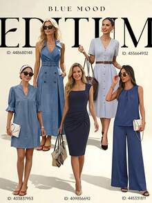 Editum Rochie elegantă de vară pentru femei, albastră, cu buline, rever și breton dublu, fără mâneci, croială A-line, midi, stil retro francez, pentru vacanță și brunch - Albastru - Vizualizare 4