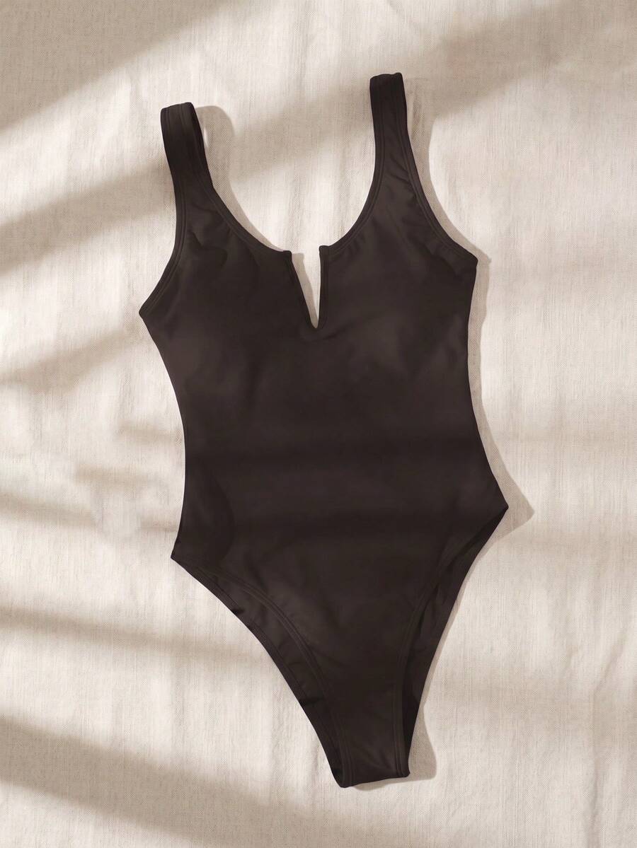 SHEIN Swim 2026 女款素色性感一件式泳衣 度假適用 - 棕色 - 查看 1