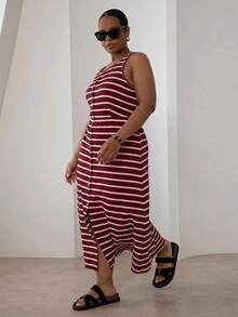 ELLERISSA Plus Size Red & White Striped Button Front Sleeveless Midi Dress - Red and White - View 4