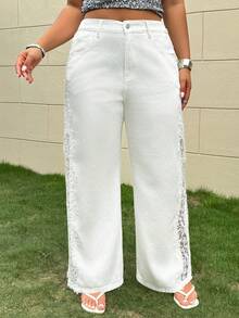 Dazy Plus Plus Size Women's Casual Loose Straight Leg Jeans With Lace Side Seam Patchwork Design, White, Spring/Summer - White - View 5