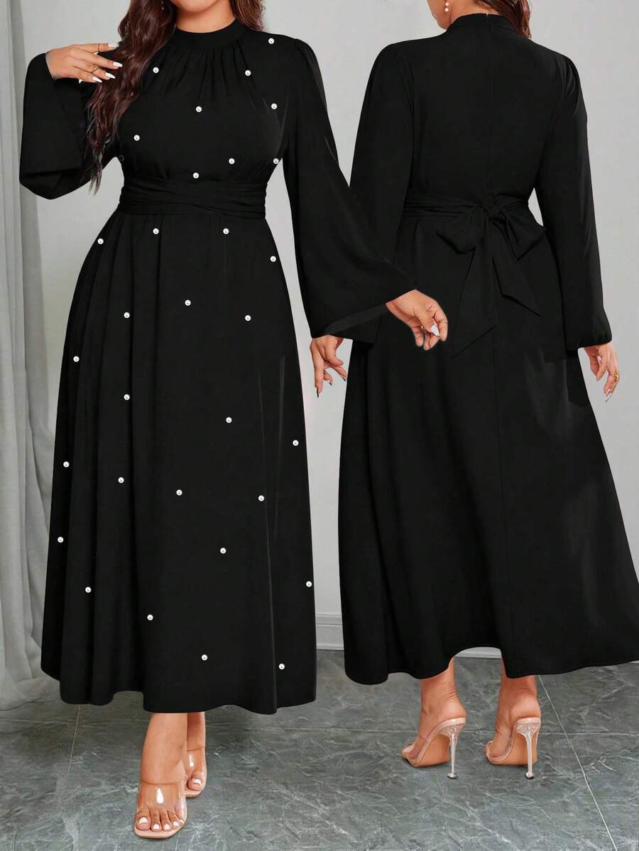 Elenzga Women's Plus Size High Waist Long Sleeve Dress - Black - View 1