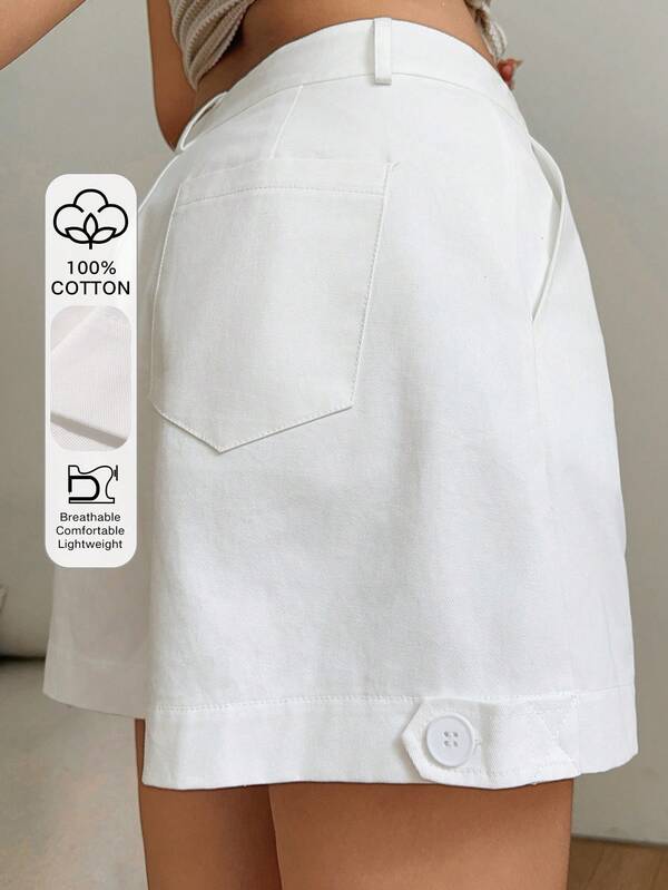Dazy Plus Plus Size Women's Casual Solid Color Button Decor Hem White Shorts, Collegiate Style, Spring/Summer Vacation