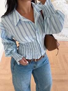 SHEIN EZwear 大尺碼女款條紋單排扣腰部抽褶設計顯瘦長袖襯衫 - 彩色 - 查看 1