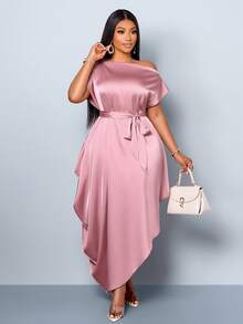 SOLERSUN Plus Size Women's Summer Blush Pink Elegant Formal Long Dress,Satin Slant Off Shoulder Cocoon Asymmetric Pocket Loose Waist Belt Vacation Banquet - Pink - View 6