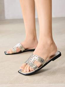 MOTF SANDALIAS PLANAS DE MODA DE VERANO PARA MUJER, CASUALES DE CALLE Y DESPLAZAMIENTO, CON DECORACIÓN DE REMACHES Y PUNTA ABIERTA, ZAPATOS DE PRIMAVERA - Plateado - Ver 2