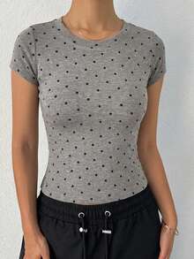 DAZY Women's Round Neck Short Sleeve Fitted Polka Dot Undershirt - Grey - View 5