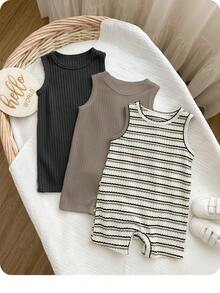 Baby Boys Casual Striped Rib Knit Sleeveless Romper For Summer For Everyday Wear - Multicolor - View 3