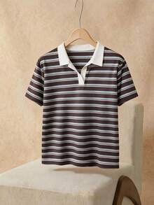 Elaquor Plus Size Summer Casual Chocolate Brown Polo Collar Short Sleeve T-Shirt Formal Teacher - Multicolor - View 5