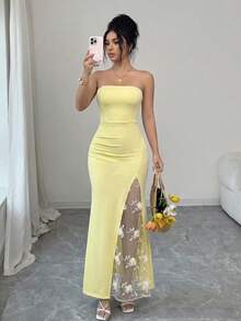 SHEIN Raffinéa 優雅迪斯可風無肩帶修身貼身開衩刺繡網紗淡黃色長洋裝 女款派對雞尾酒晚宴夏季婚禮禮服 - 黃色 - 查看 4