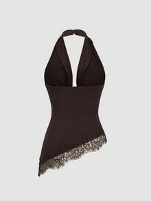 Sweetra Swing Neck Contrast Lace Trim Top, Waist Cinching Design, Daily Wear Date Night Club Outings Halloween Dark Brown Summer Sexy - Coffee Brown - View 2