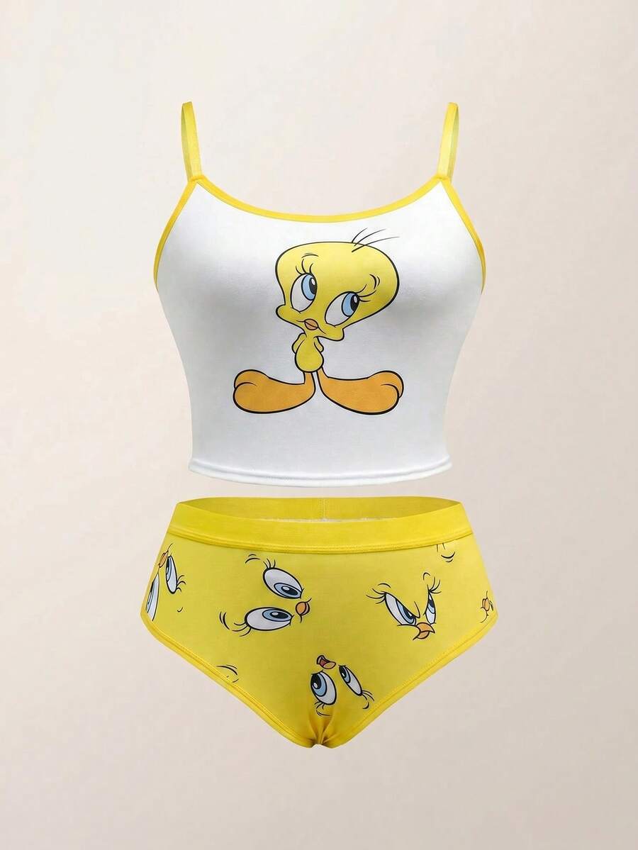 LOONEY TUNES X SHEIN 2pcs Women's Yellow & White Cartoon Tweety Print Cami Top And Boyshorts Set,Women Two Pieces Outfits,Kawaii,Sweet,Cute - Yellow - View 1
