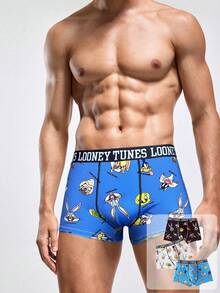 LOONEY TUNES X SHEIN 男士三件套卡通字母印花平角内裤 - 黑與白 - 查看 3