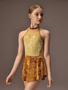 SHEIN Tween Girls Brown And Gold Velvet Mesh Snug Fit Jumpsuit Two Pieces Set,Autumn Tween Girl Dancewear For Ballet Gymnastics Sports Dance Dress Sportswear - Yellow - View 4