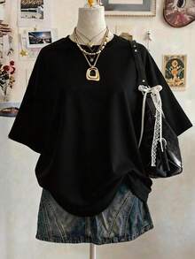 Lalippa 女款圓領短袖露背鏤空寬鬆T恤 - 黑色 - 查看 2