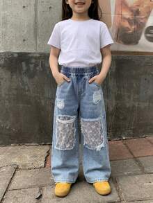 Dazy Kids 少女蕾絲拼接破洞寬版牛仔褲 - 淺色水洗藍 - 查看 4
