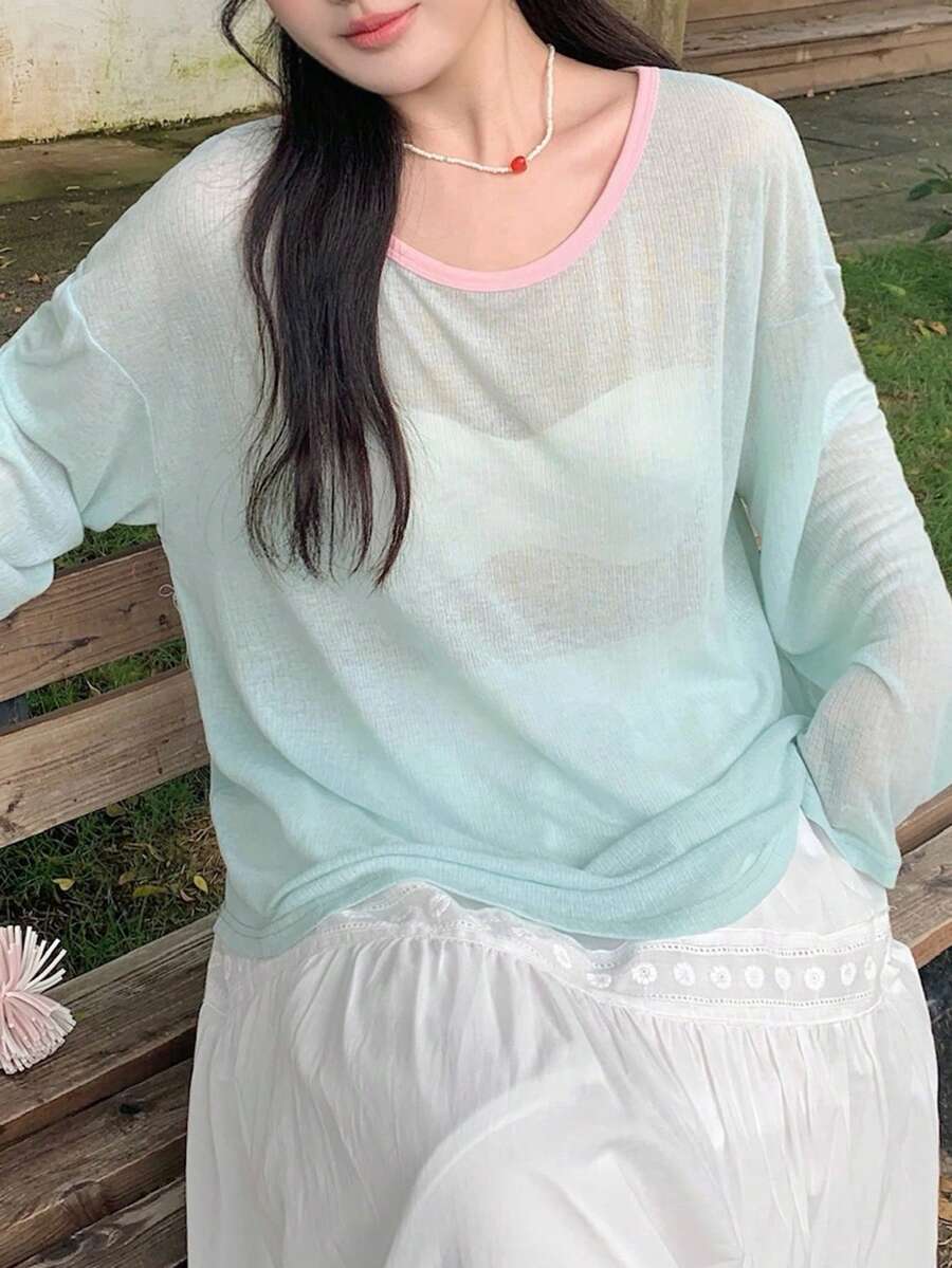 Dazy Plus Solid Color Large Scoop Neck Half-Open Placket Long Sleeve T-Shirt Spring Summer - Mint Green - View 1