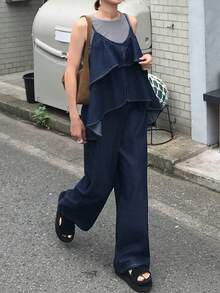 FRIFUL 女款時尚百搭荷葉邊下擺寬鬆寬腿牛仔吊帶褲 校園秋季款 - 藍色 - 查看 6